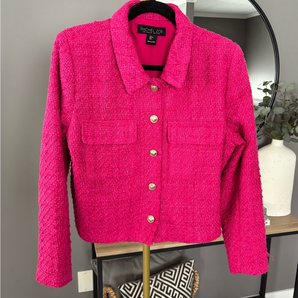Rachel Zoe Fuchsia Bouclé Cropped Jacket with Gold Buttons - Picture 3 of 5